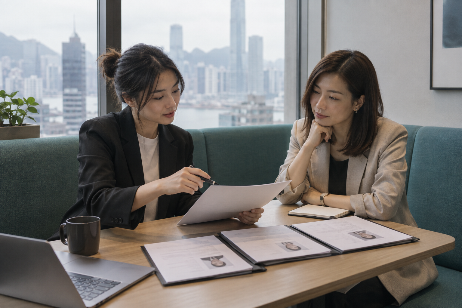 Two professionals discussing candidate information together at a meeting table