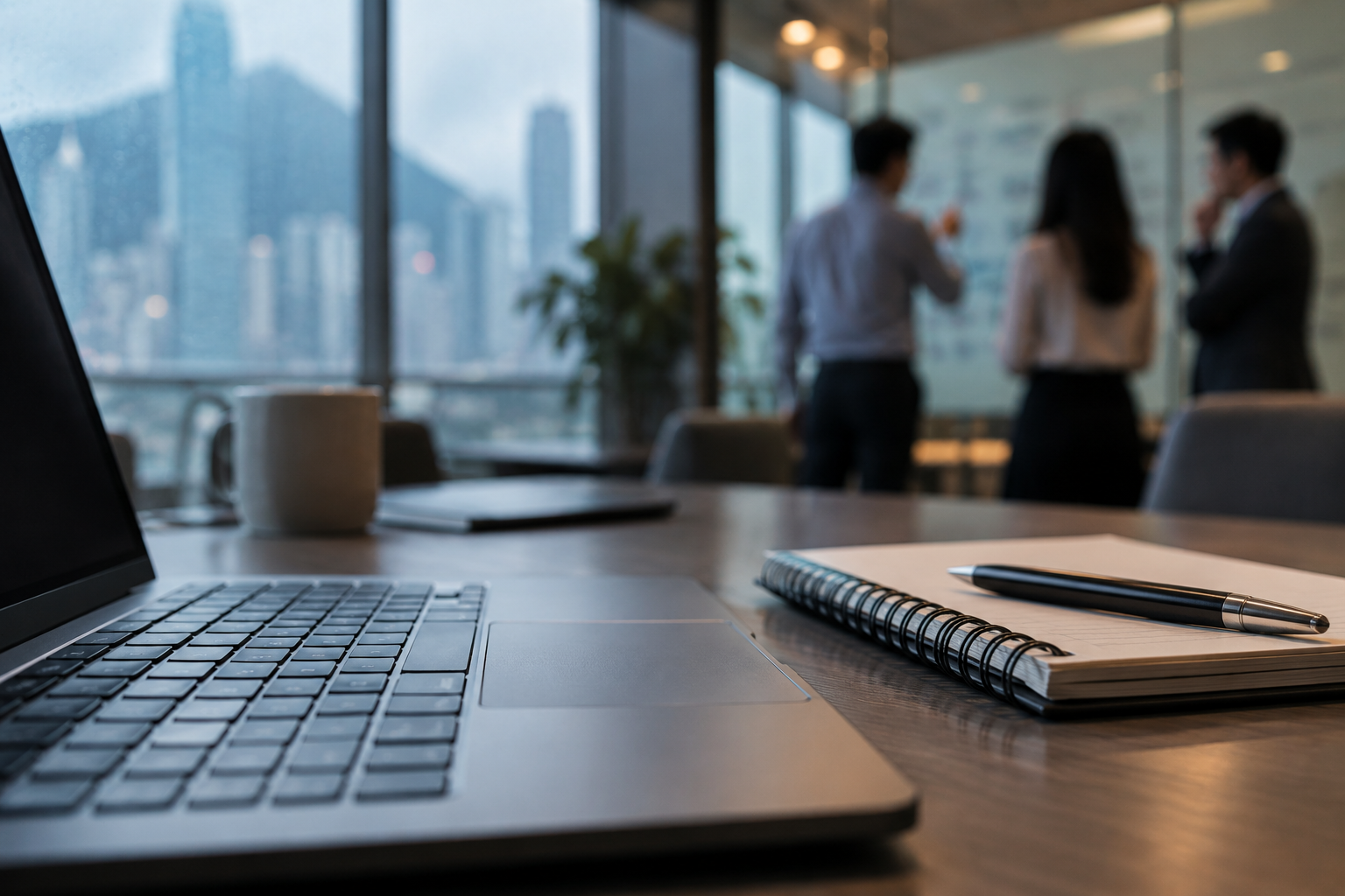 Laptop and notebook with an office discussion in the background