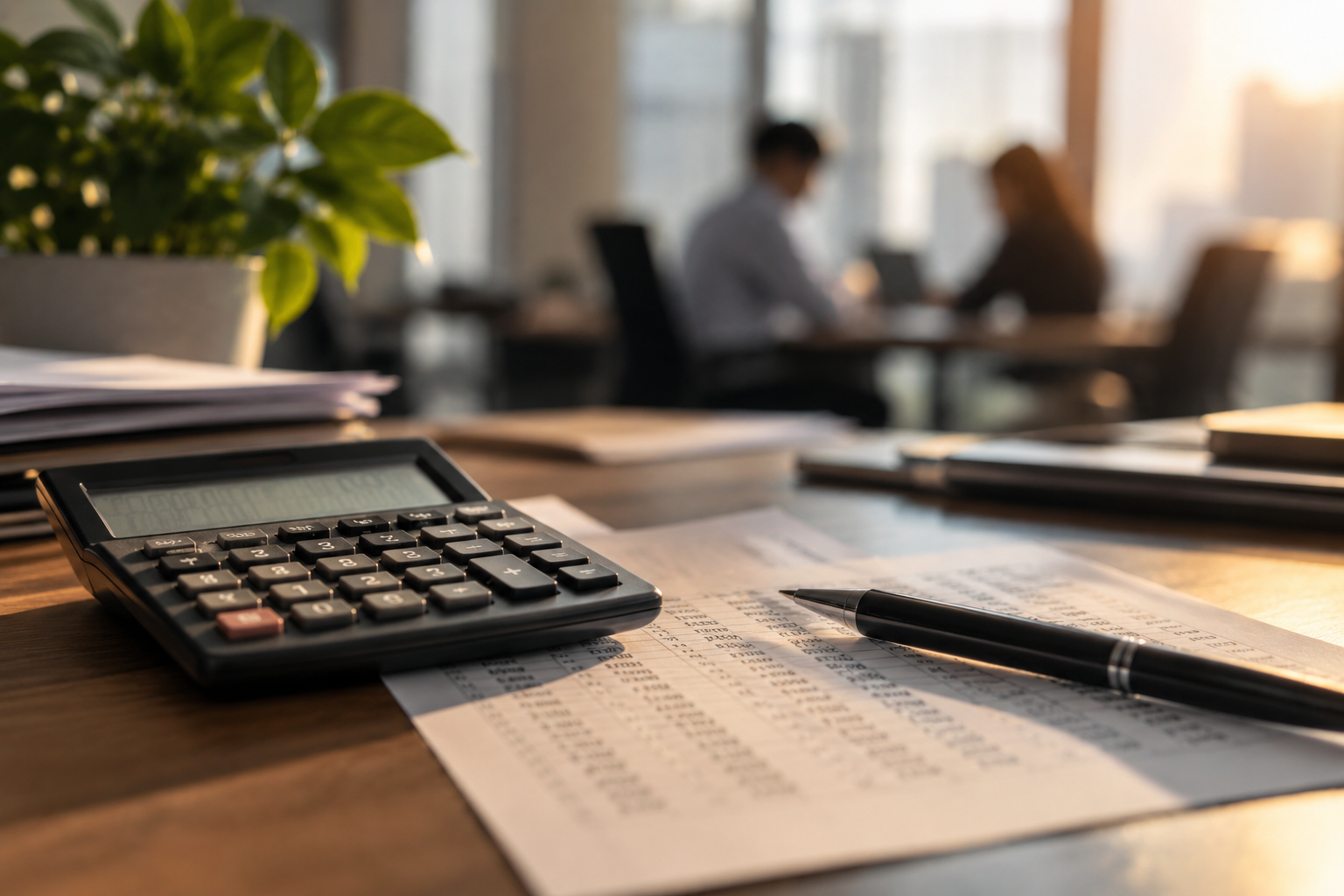 Calculator and organised paperwork on an office desk