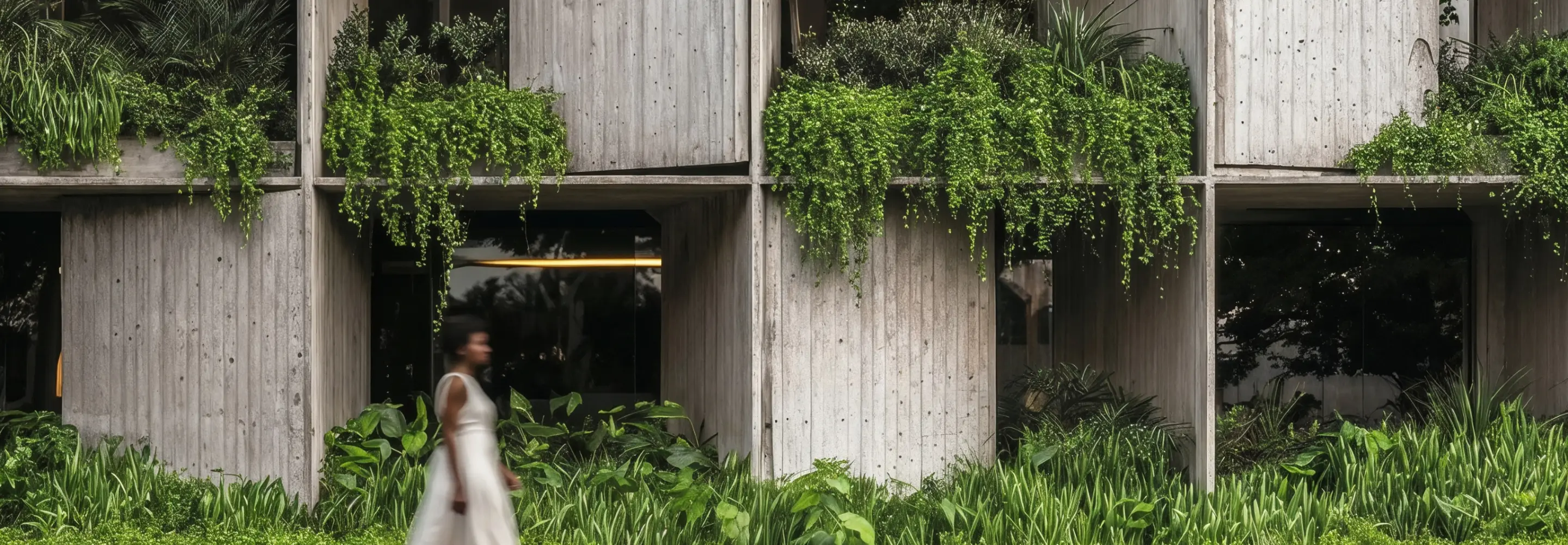 Blurred woman in white dress walking past a concrete building with lush green plants and hanging vines.