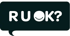 Black speech bubble with the text RU OK? in dark letters.