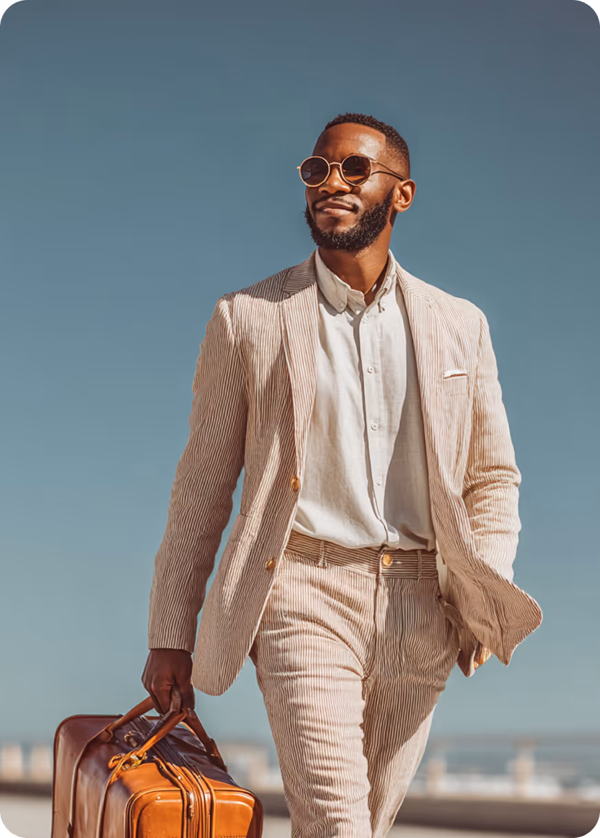 Man in light striped suit and sunglasses walking outdoors carrying a brown leather suitcase.