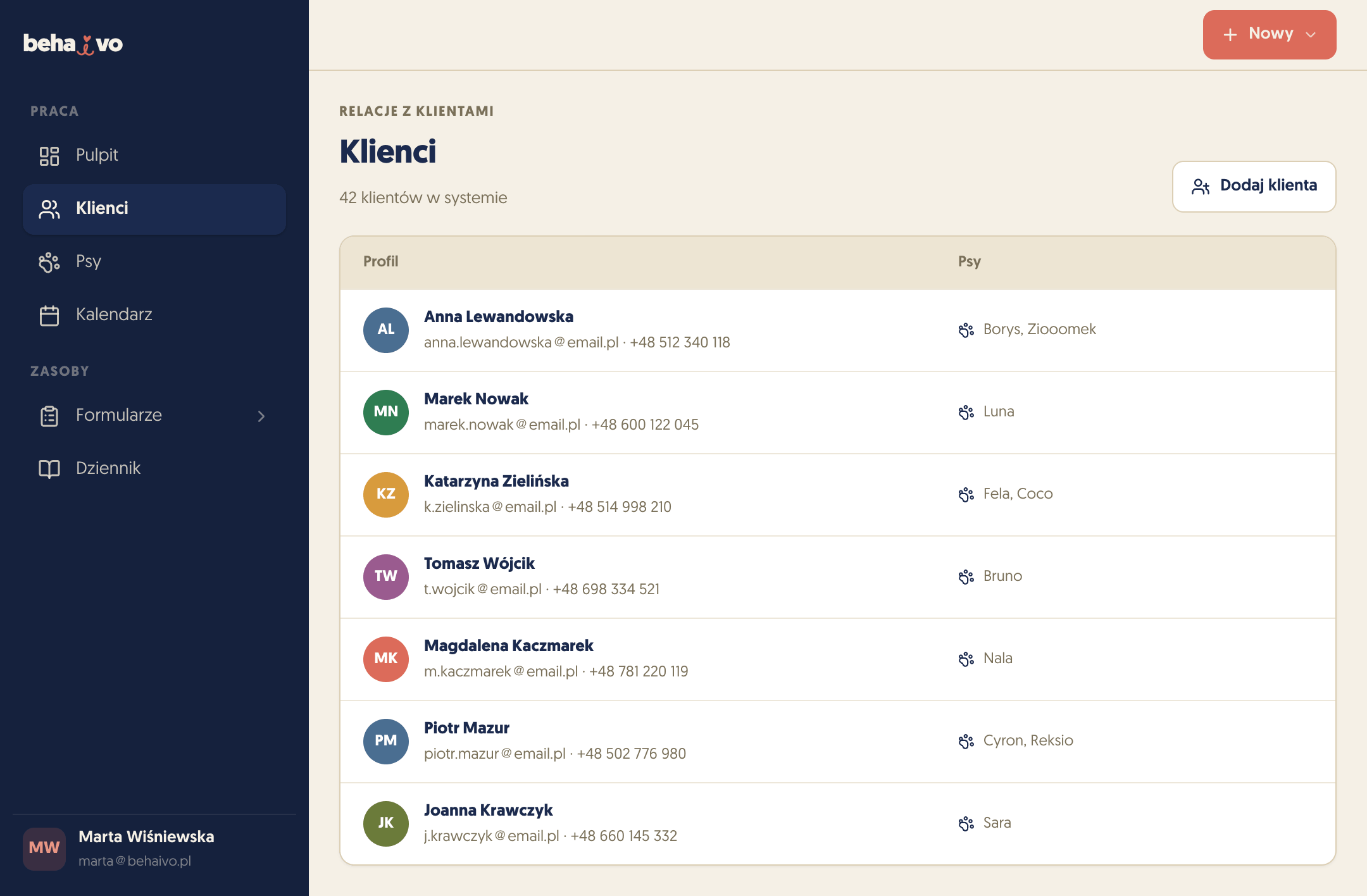 Lista klientów w Behaivo