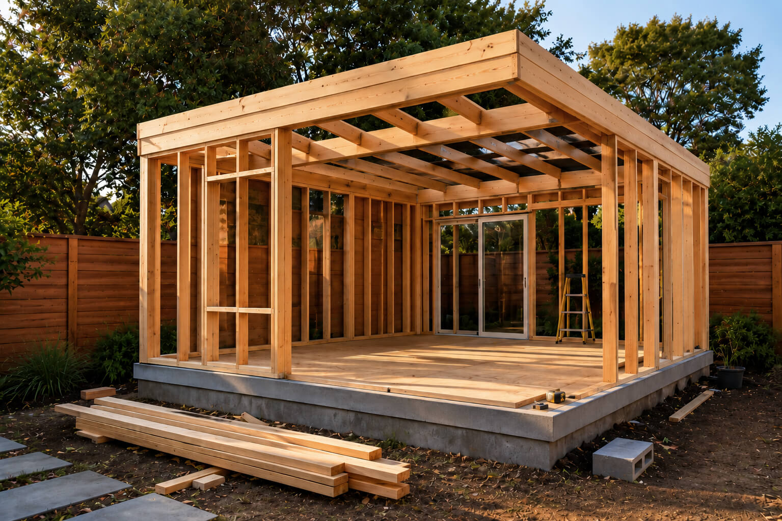 Modern backyard office studio being built with exposed timber framing and concrete foundation.