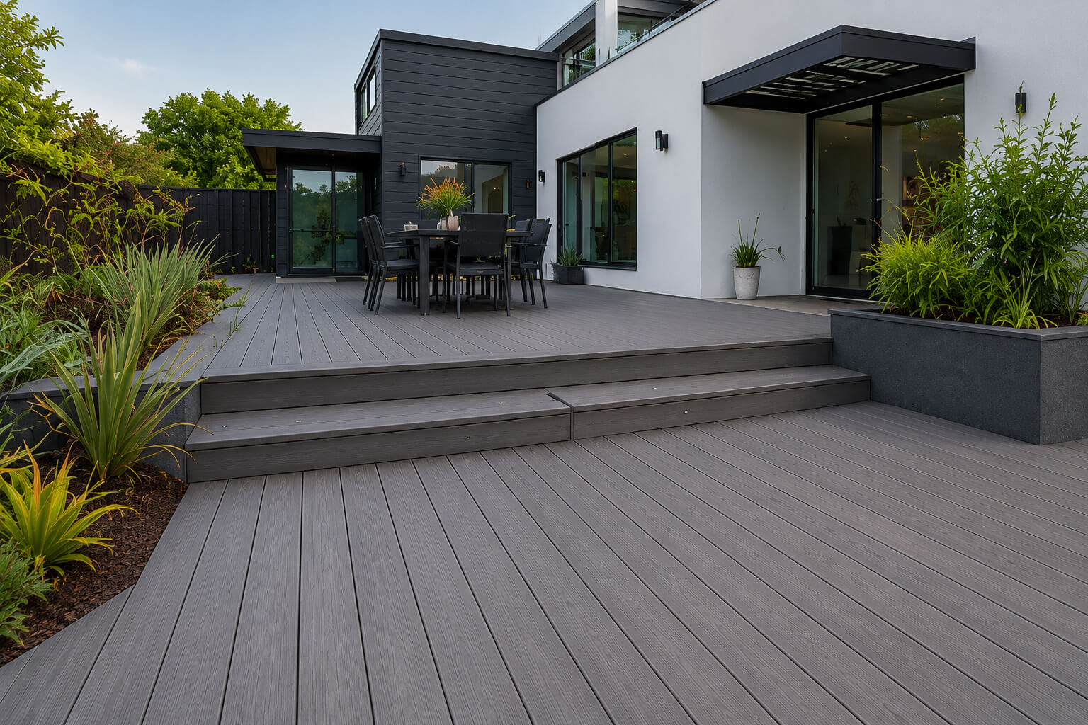 Trex composite deck installed in a modern California backyard with low-maintenance decking and outdoor entertaining space.