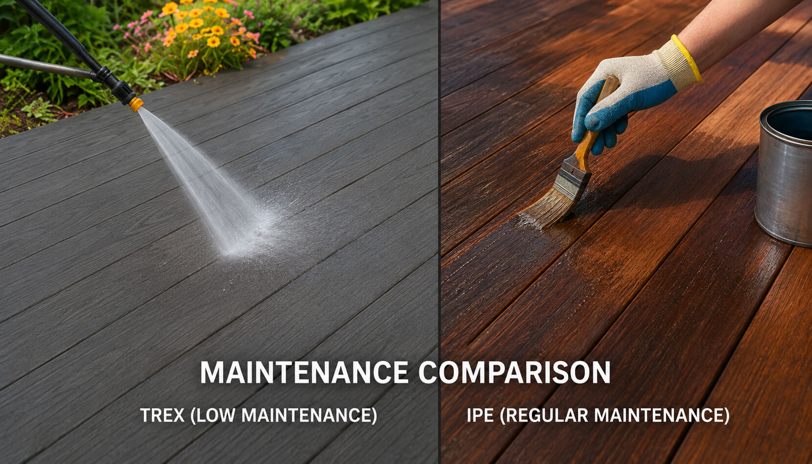 Trex vs Ipe deck maintenance comparison showing low-maintenance composite decking and regularly maintained Ipe wood decking.