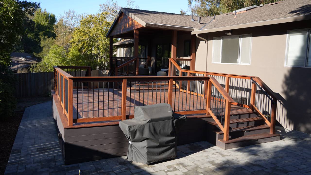 Custom wood deck with built-in stairs and railings