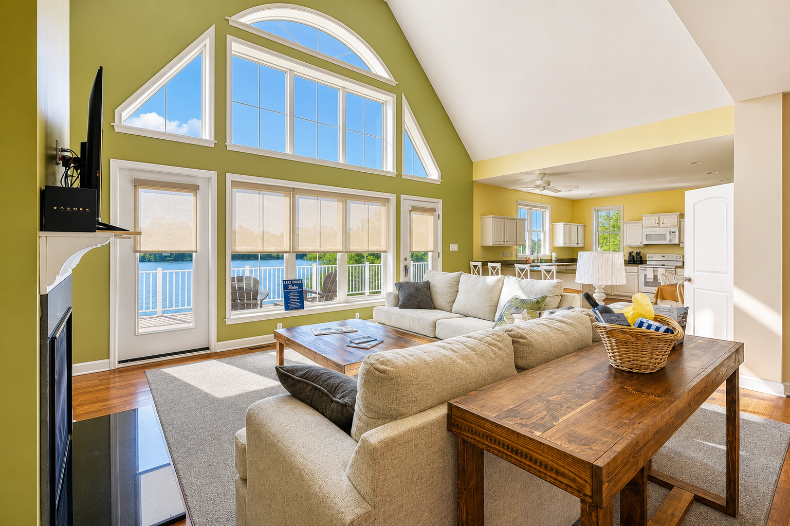 Lake house living room ready for an arriving guest