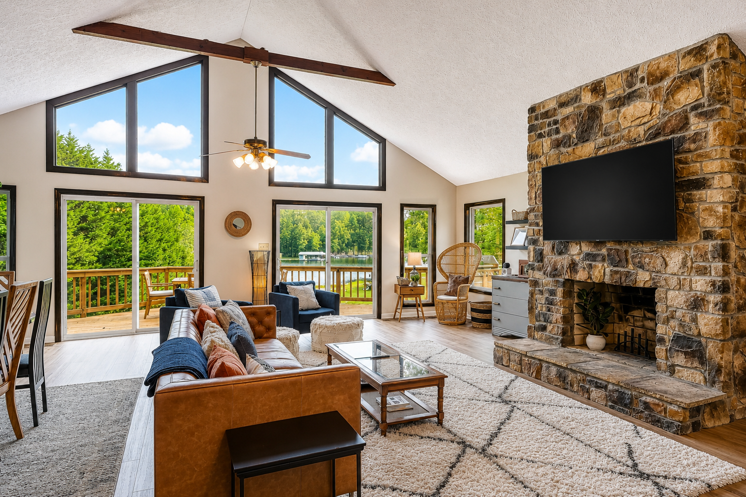 Lake home living room prepared for guests