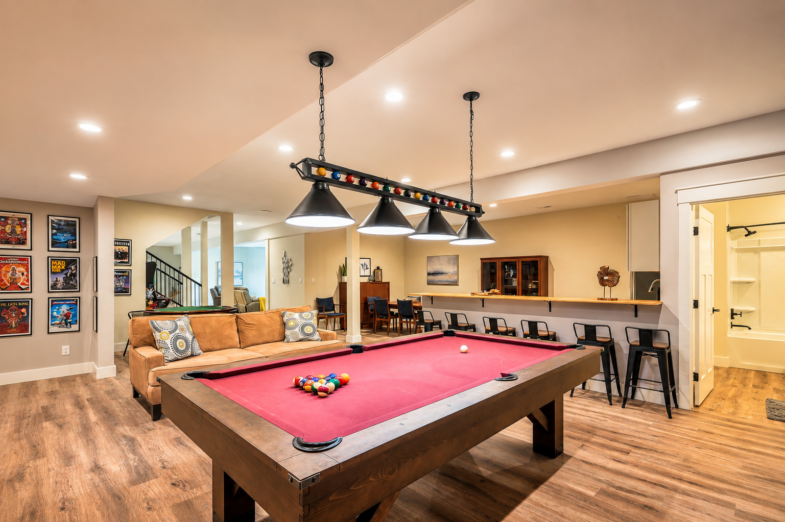 Pool table and recreation space in a Lake Anna vacation home