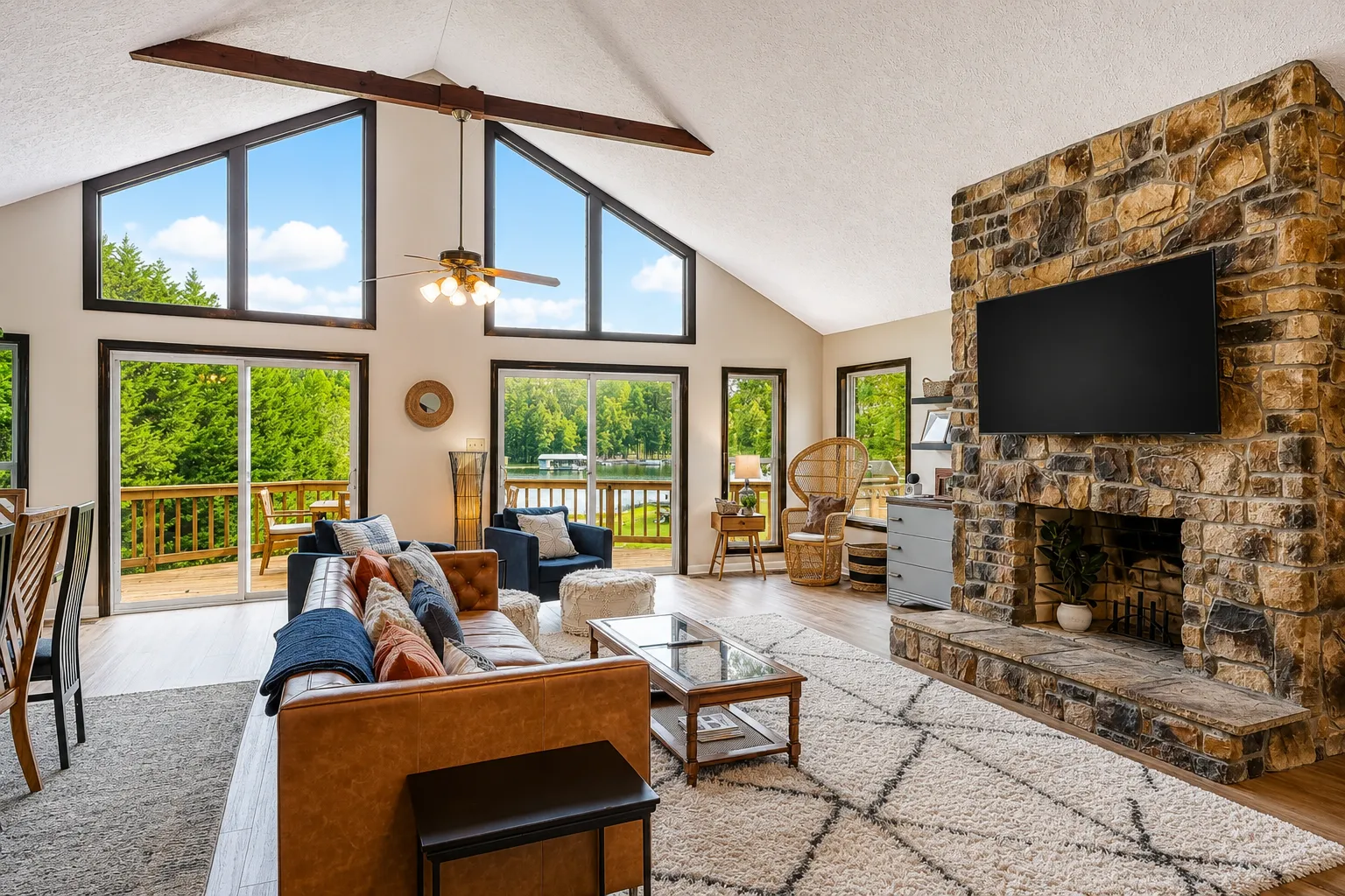 Lake home living room prepared for guests