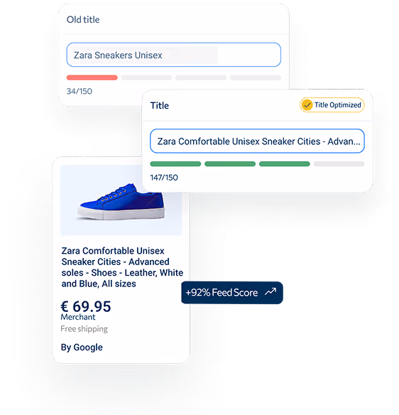 Comparison of old and optimized titles for Zara unisex sneakers with product listing and 92% feed score.