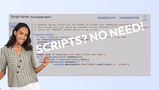Smiling woman with thumbs up beside a screen showing sample code for counting clicks in reports.