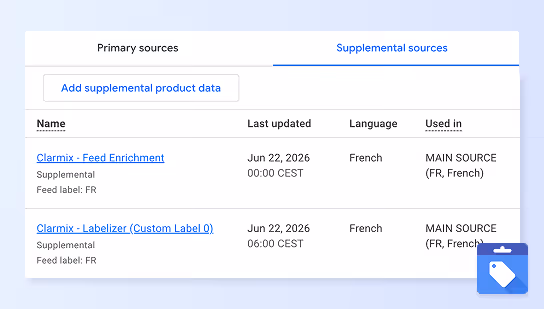 Table listing two French primary sources with names, last updated dates, language, and usage details.