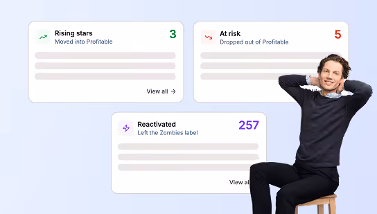 Dashboard shows rising stars, at risk, and reactivated groups with numbers and a relaxed man sitting on a stool.