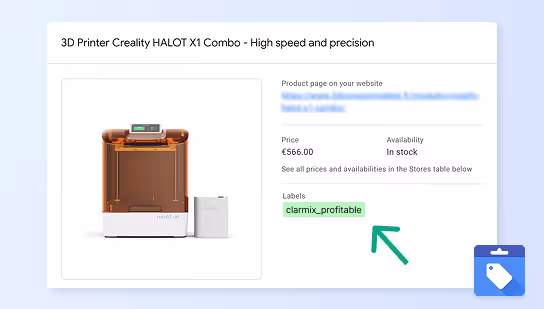 Product page of 3D Printer Creality HALOT X1 Combo showing price €566, availability in stock, and label clarmix_profitable.