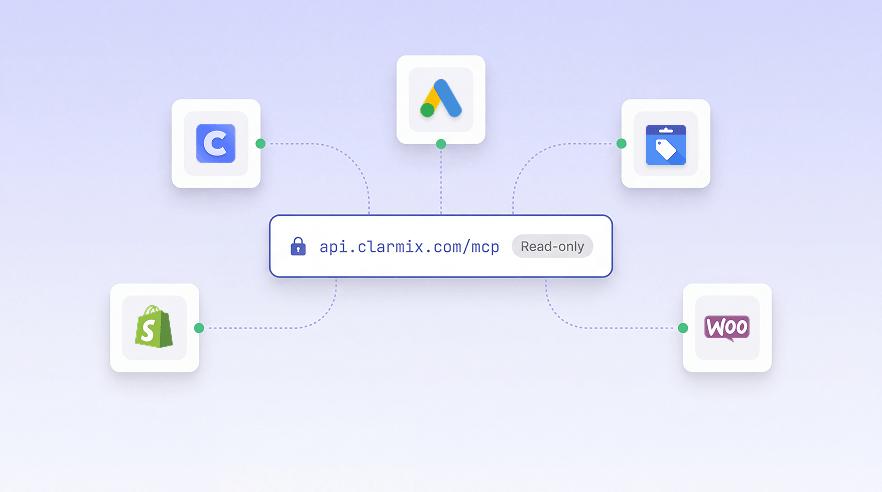 The read-only Clarmix MCP server at api.clarmix.com/mcp connected to Clarmix, Google Ads, Merchant Center, Shopify and WooCommerce