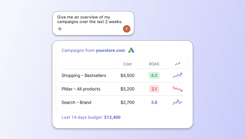 An AI assistant shows Google Ads campaign cost and ROAS after being asked for a two-week overview