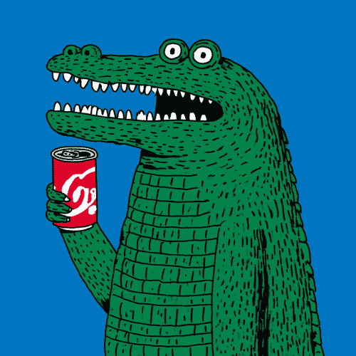 Cartoon green crocodile holding a red soda can against a blue background.