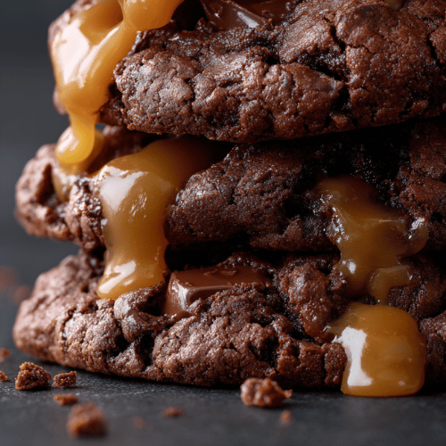 Close-up of stacked chocolate cookies with gooey caramel dripping over them.
