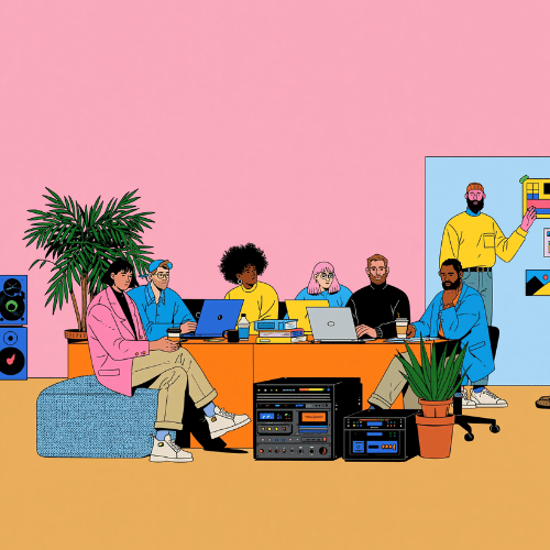 Six people with laptops and drinks gathered around an orange table in a colorful office space.
