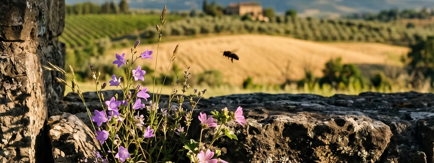Purple wildflowers growing by a stone wall with a bee flying and fields in the background.