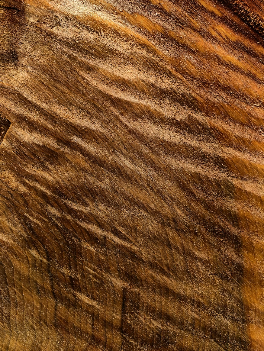 Close-up of a textured wood surface with rich brown and golden grain patterns.