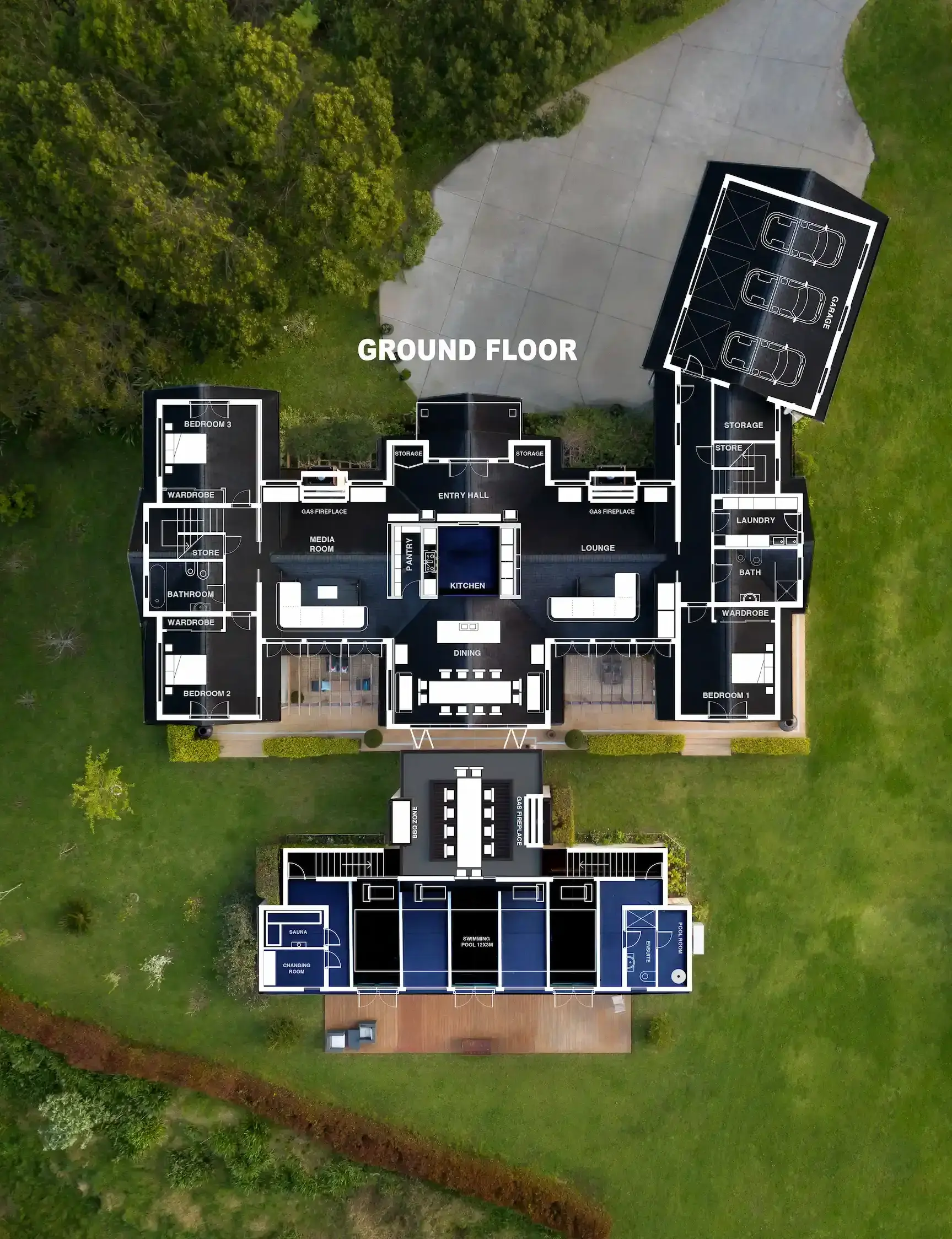 An aerial bird-flight view of the building with schematic architectural plan on it