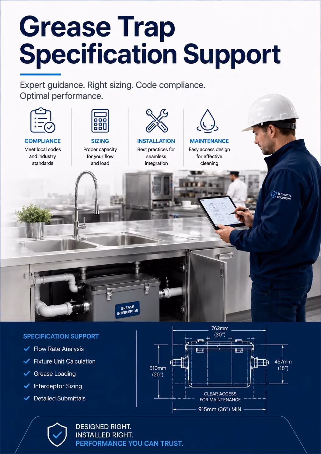 We help consultants, designers, contractors and operators specify the right grease management solution for each commercial kitchen, based on site layout, flow rates, usage and compliance needs.