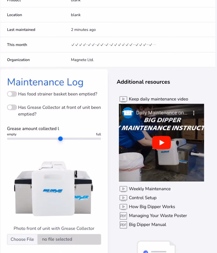 Our Big Dipper maintenance app helps kitchen teams track daily grease trap upkeep, record completed tasks and monitor performance across single or multiple sites.