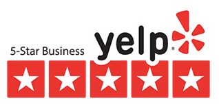 Yelp logo with five white stars on a red background below it.