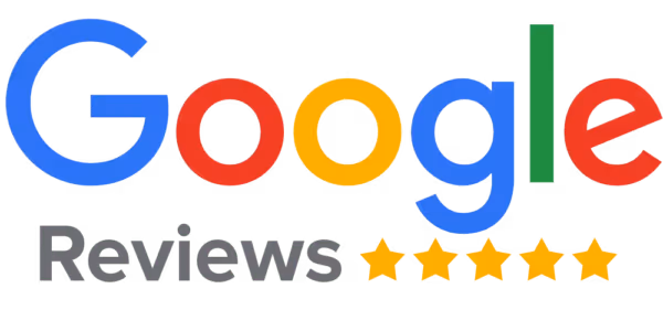 Google Reviews logo with five gold stars indicating top rating.