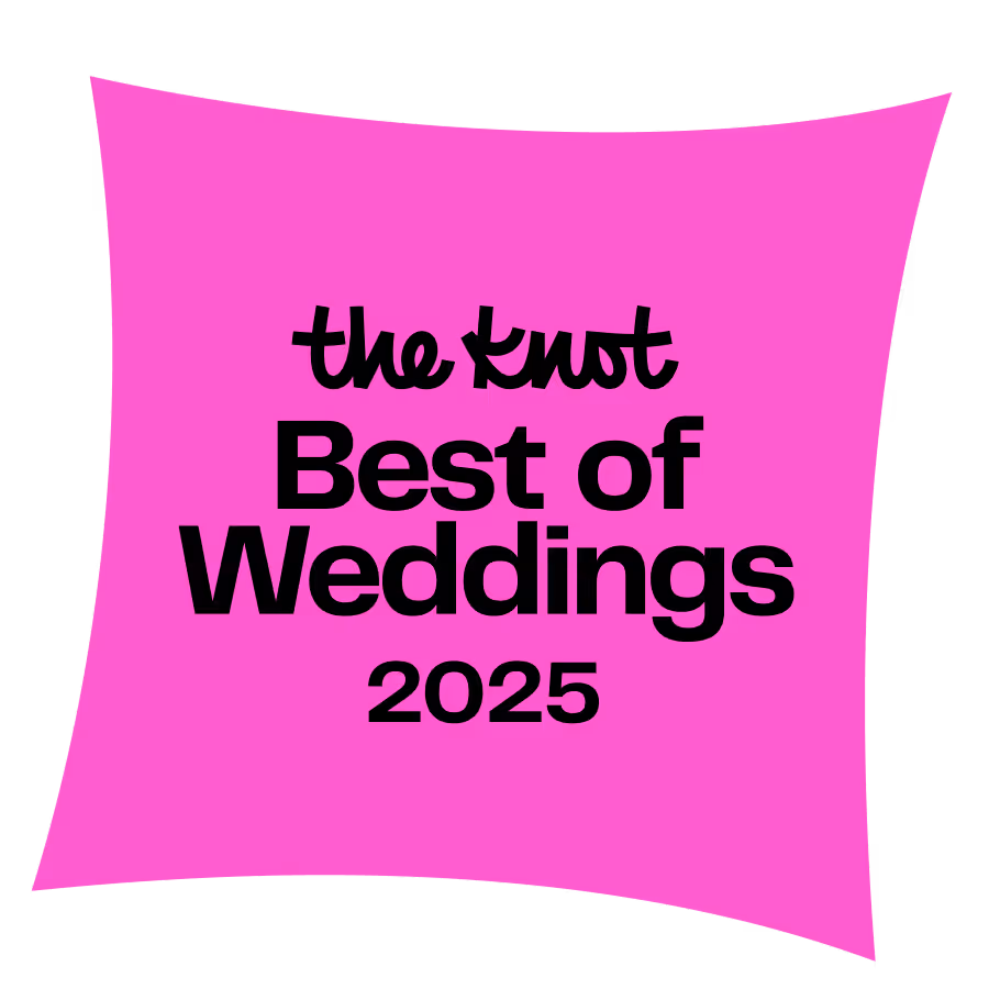 The Knot Best of Weddings 2025 badge with black text on a pink curved square background.