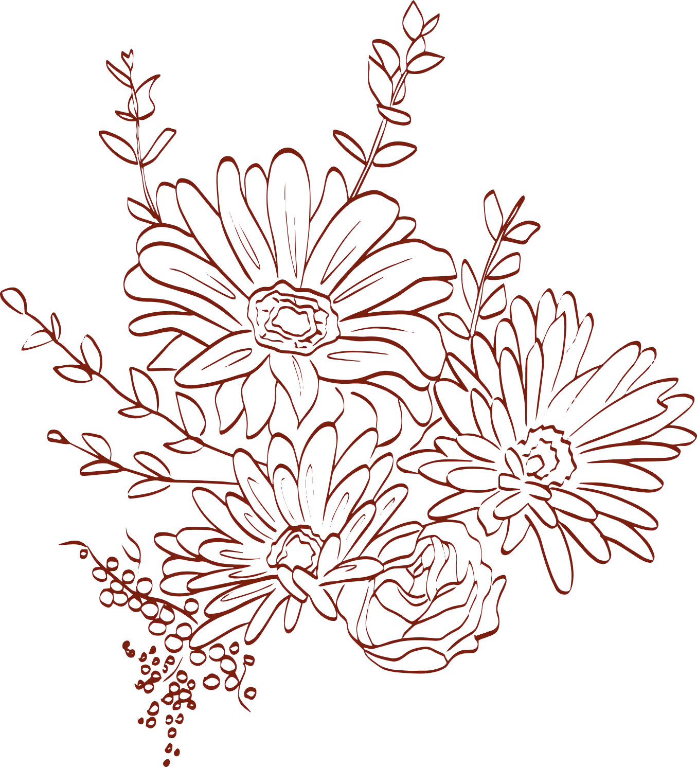 Line drawing of a floral bouquet with large flowers, leaves, and small berries in dark red.