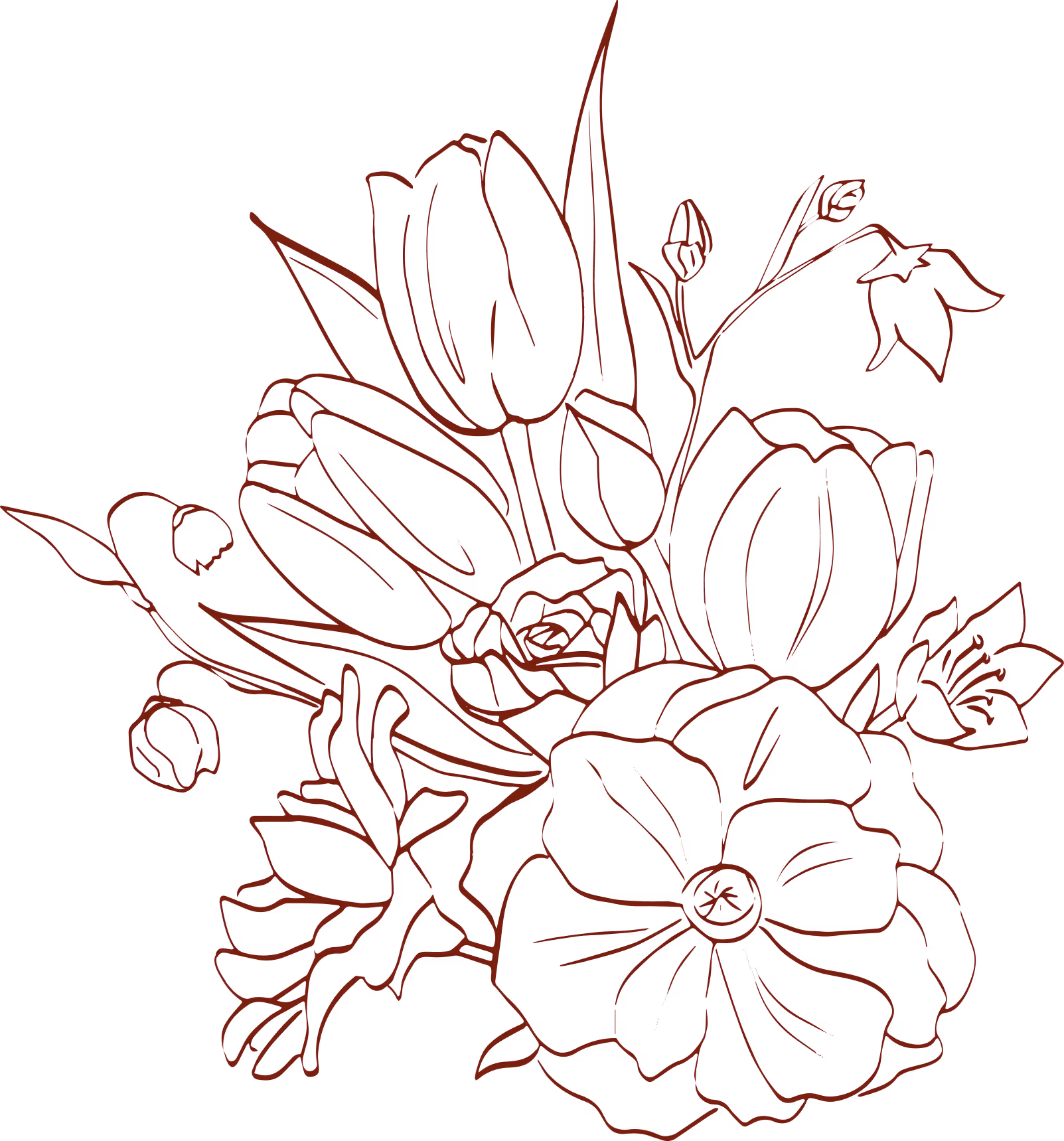 Black and red line art of a floral bouquet with various flowers and buds.