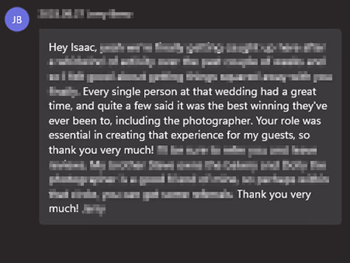 Screenshot of a message praising Isaac for his essential role in making a wedding experience enjoyable.