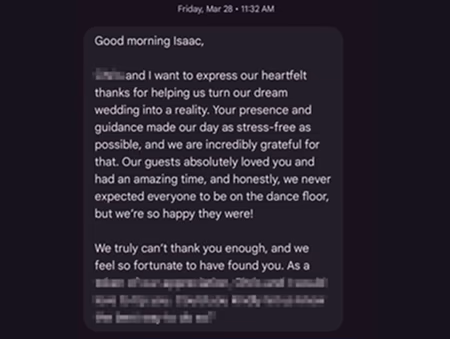 Screenshot of a heartfelt thank-you message expressing gratitude for help with a wedding celebration.