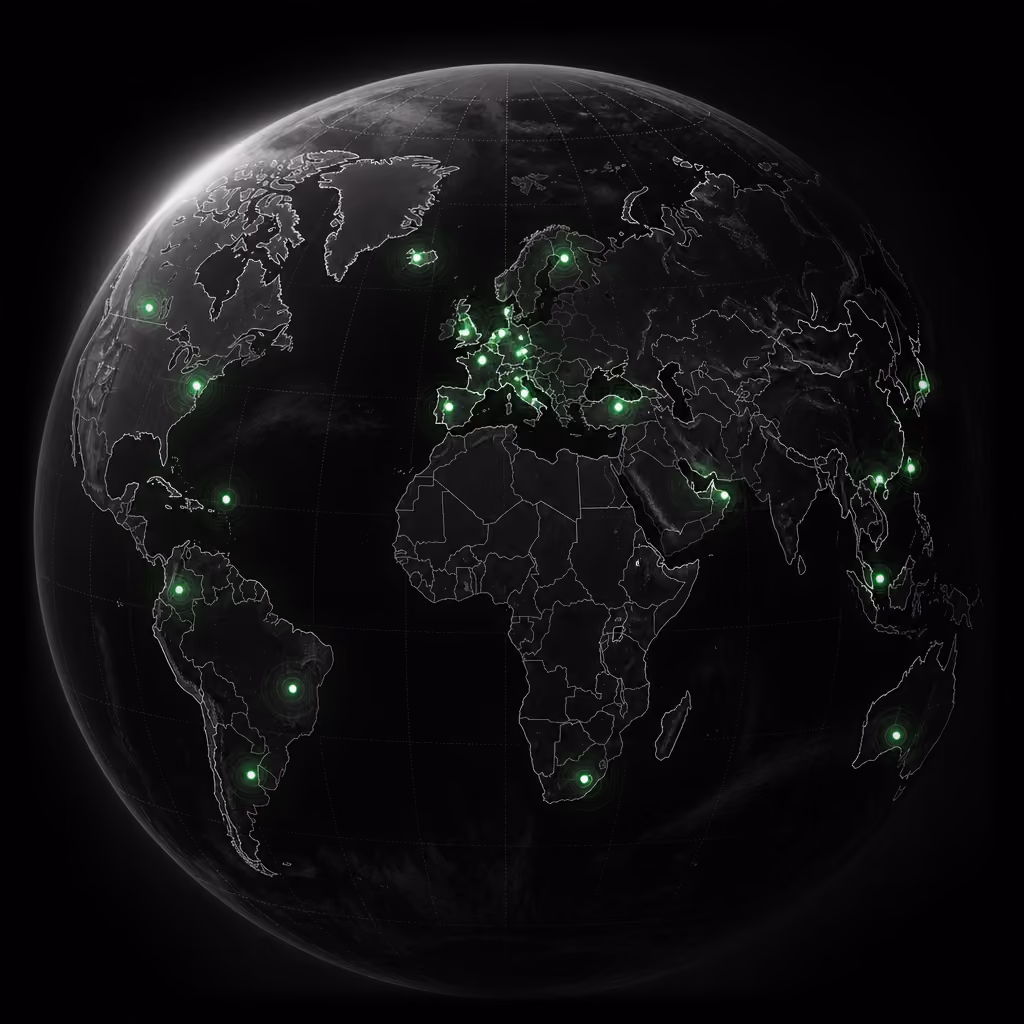 Dark cinematic 3D globe visualization with glowing markers highlighting Dojo Films' global client locations