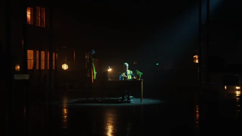 Empty director's chair on a dimly lit film set.