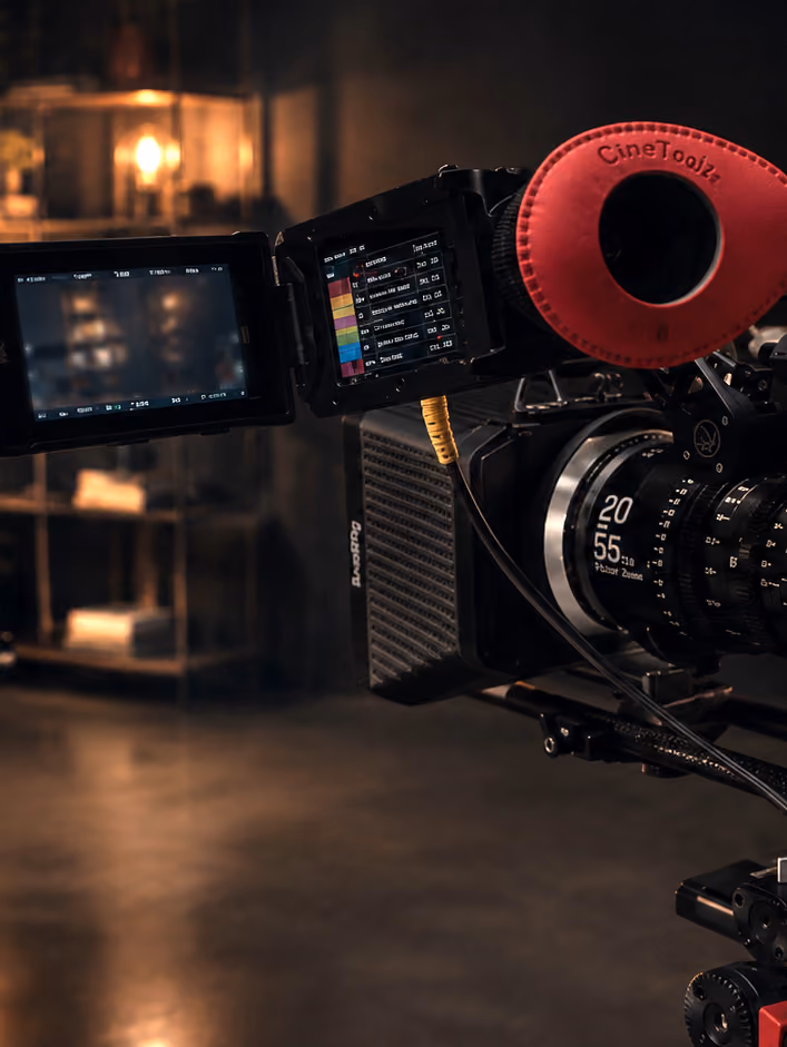 Cinema camera rig with a monitor displaying colour-graded footage.