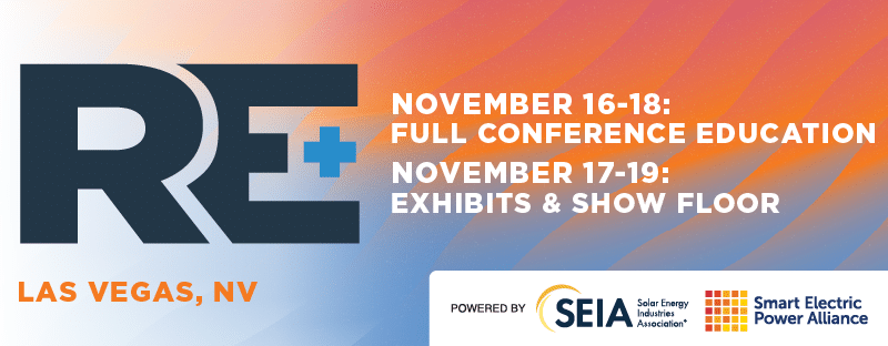RE+ 26, Las Vegas, November 16 to 19. Powered by SEIA and Smart Electric Power Alliance.