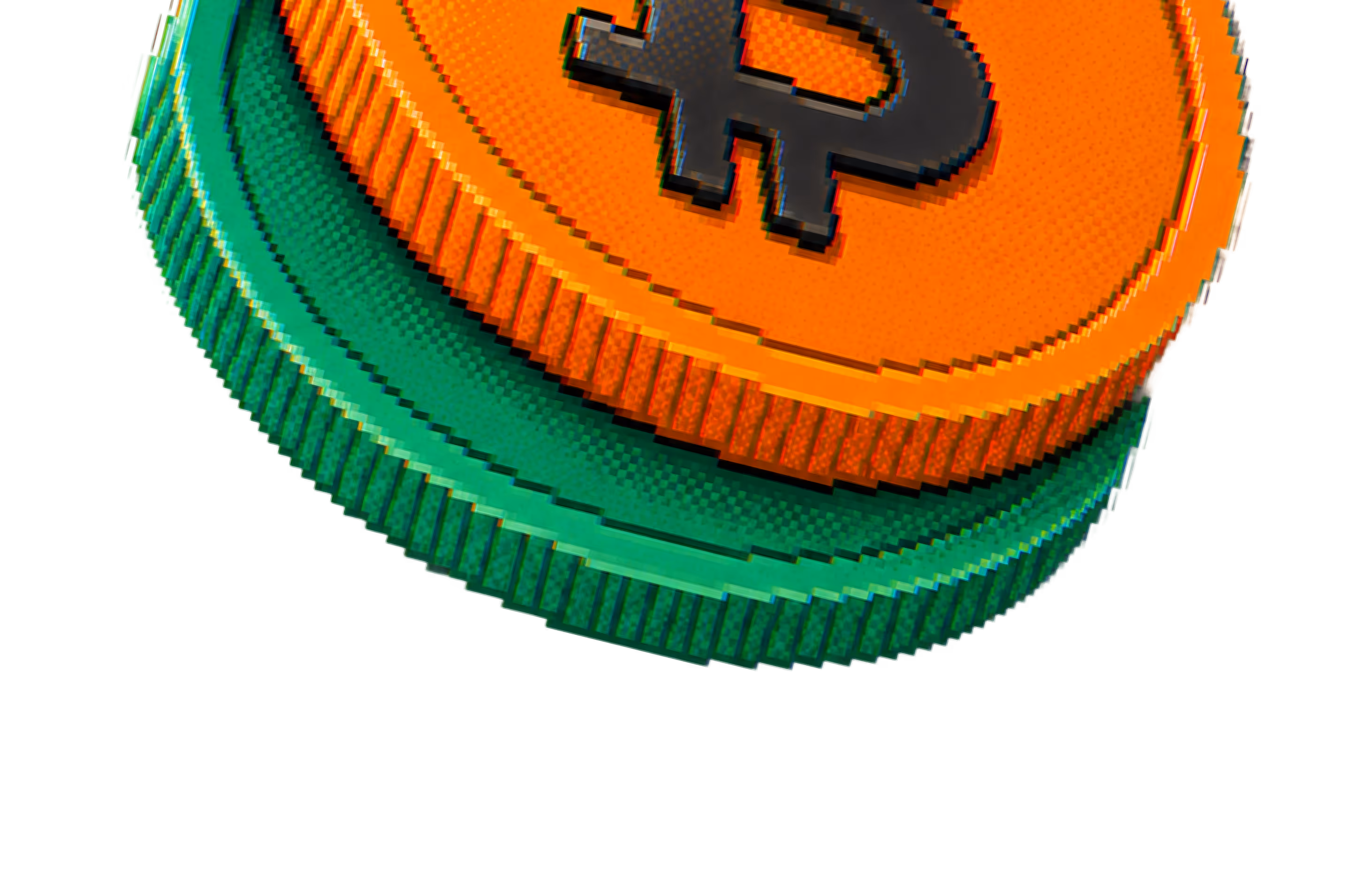 Pixelated 3D stacked coins with orange Bitcoin symbol on top and green coin below on black background.