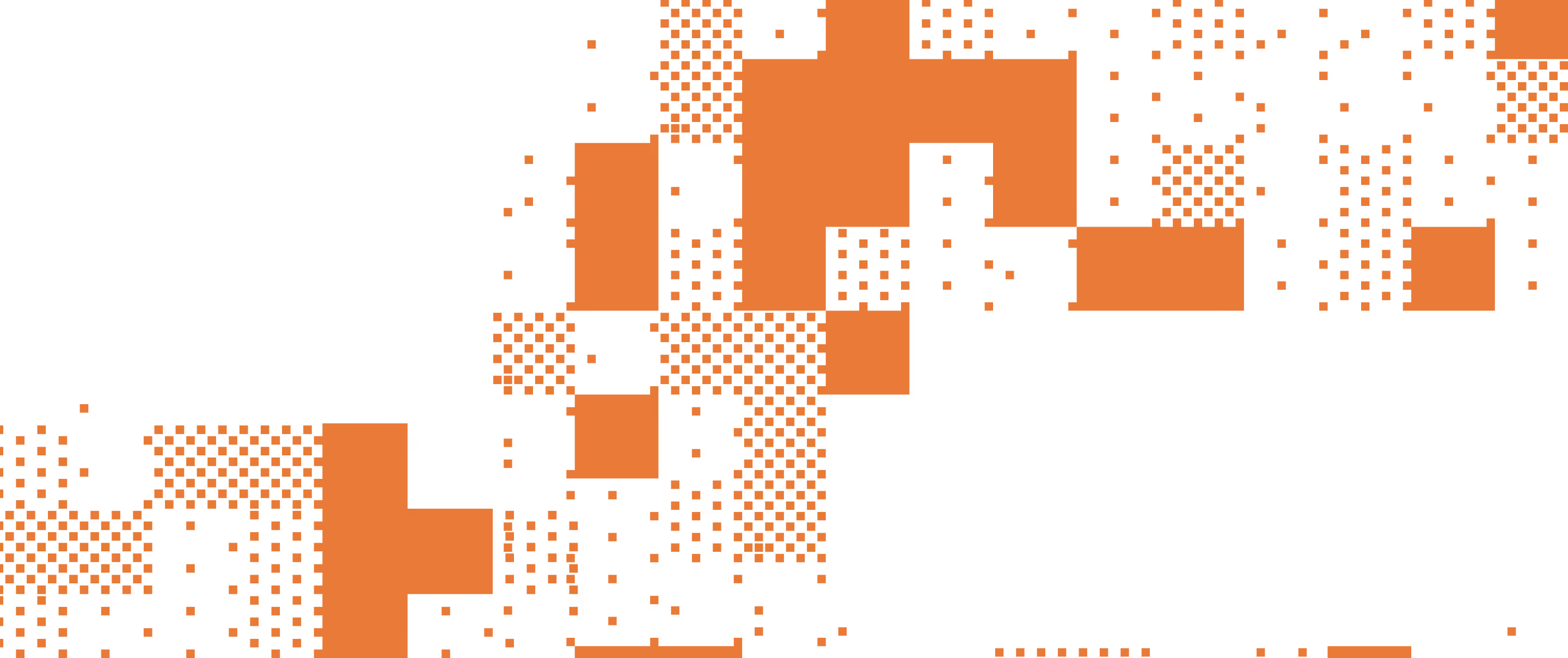 Abstract digital art with orange and black pixelated squares creating a fragmented pattern.