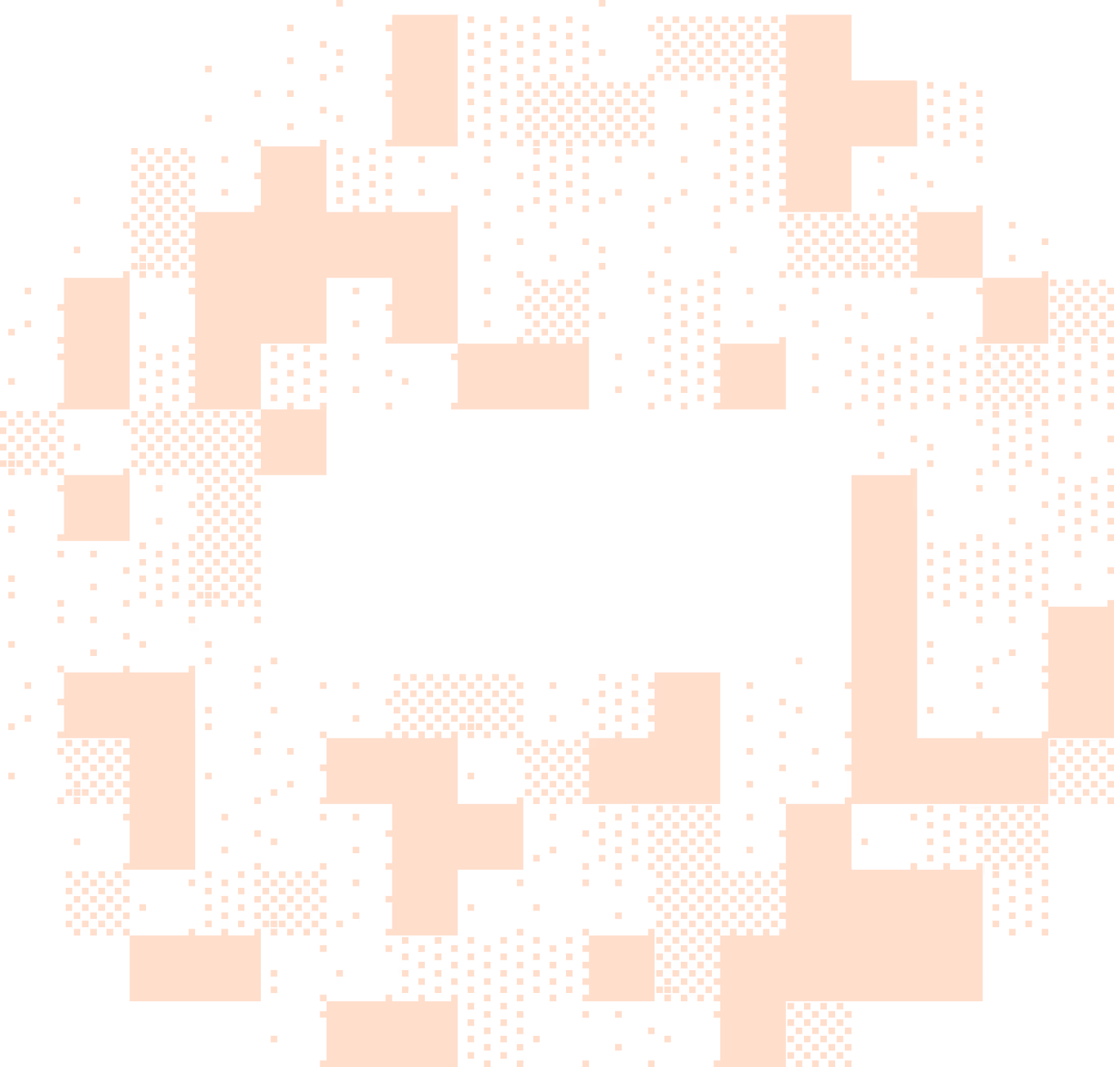 Abstract circular pattern of orange and black pixelated squares on a transparent background.