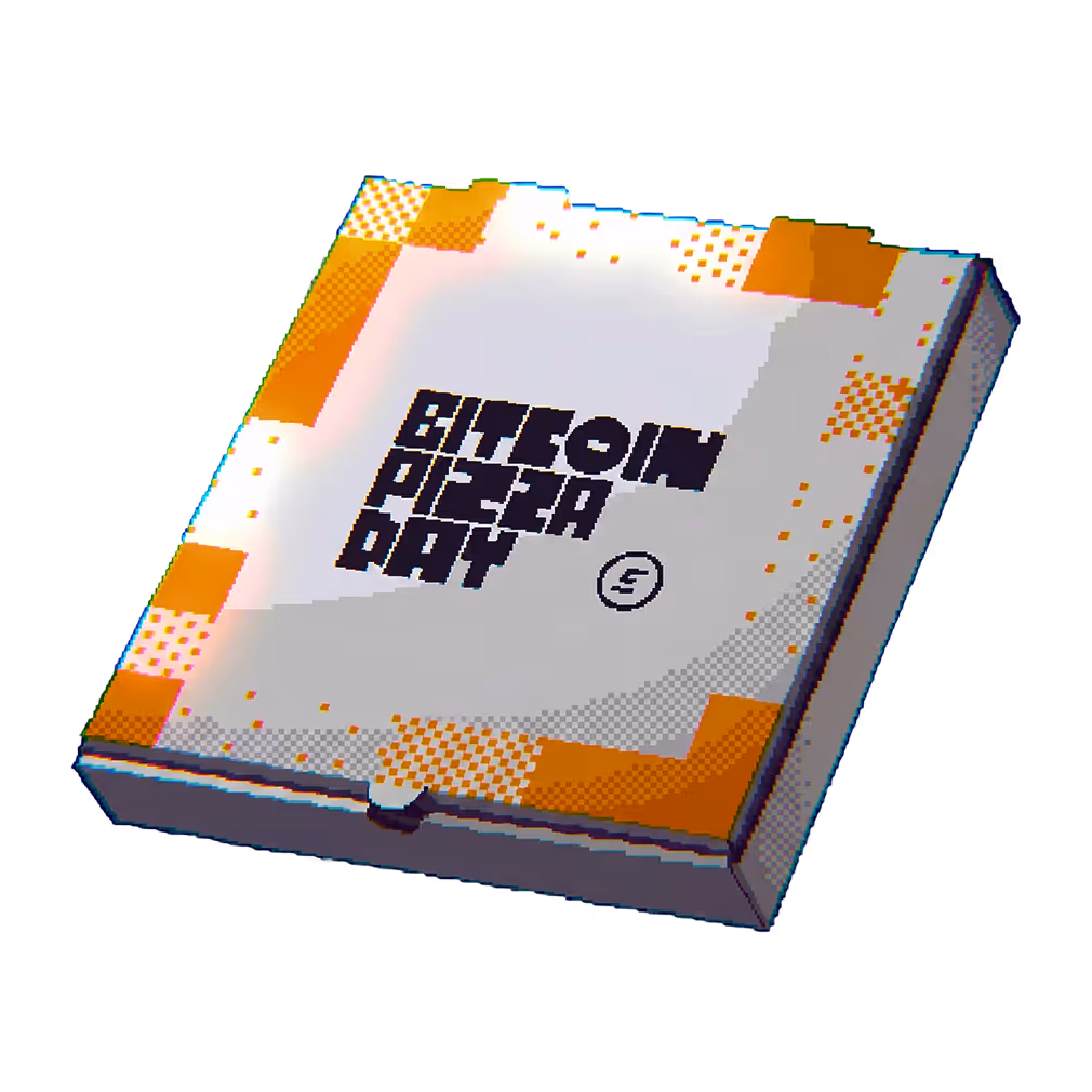 Pixel art pizza box with orange details and the text Bitcoin Pizza Day.