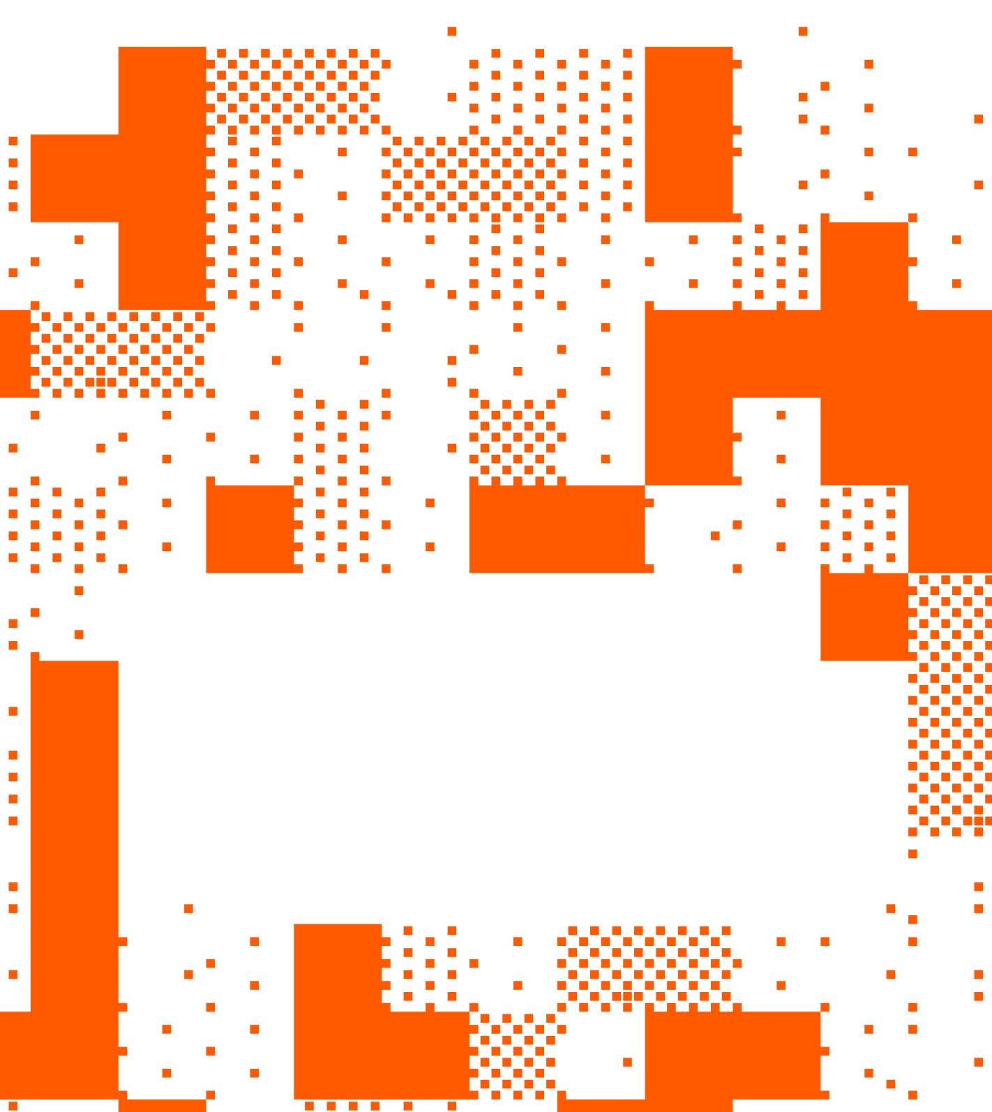 Abstract black and orange pattern with scattered small orange squares and large blocks.