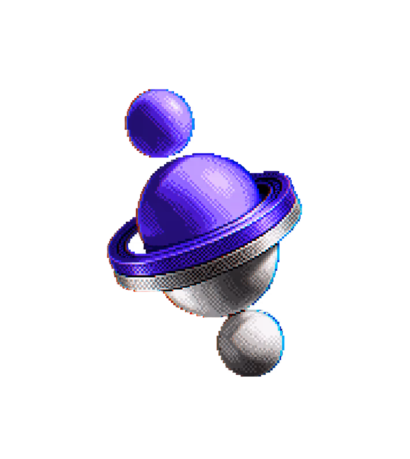 Pixel art of a stylized planet with purple rings accompanied by three spherical moons.