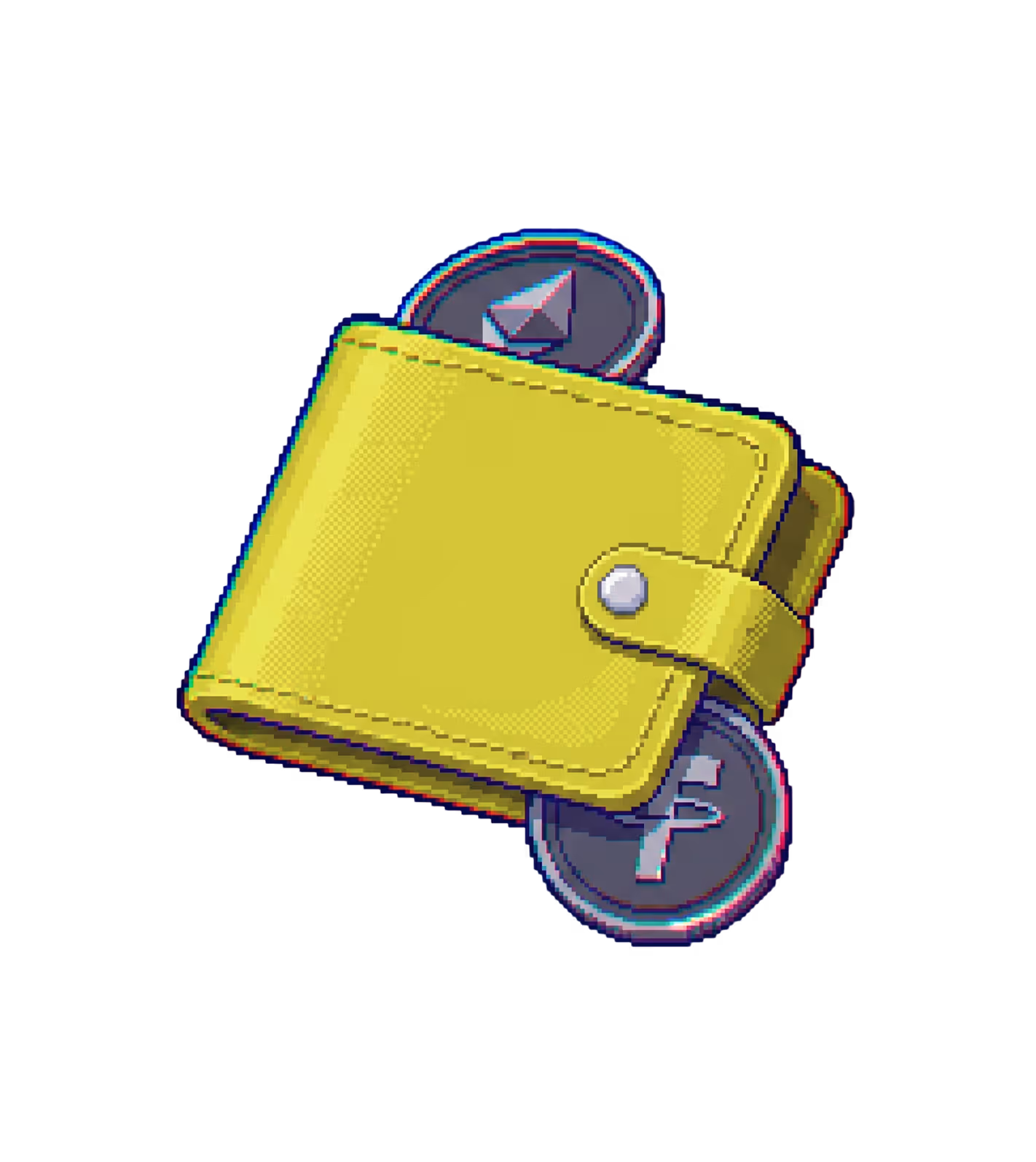 Yellow digital wallet with cryptocurrency coins including Ethereum and another coin.