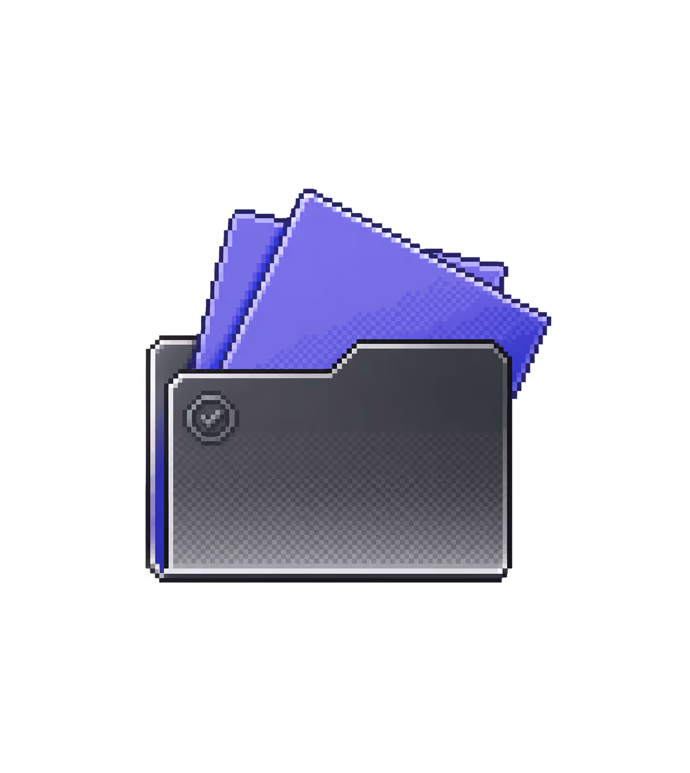Pixel art style gray folder icon with two purple documents inside on black background.