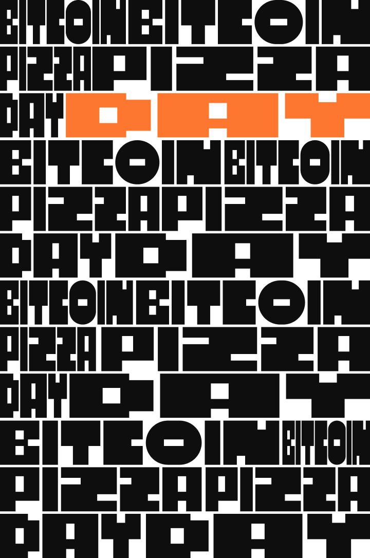"Bitcoin Pizza Day" text pattern with 'DAY' highlighted in orange.